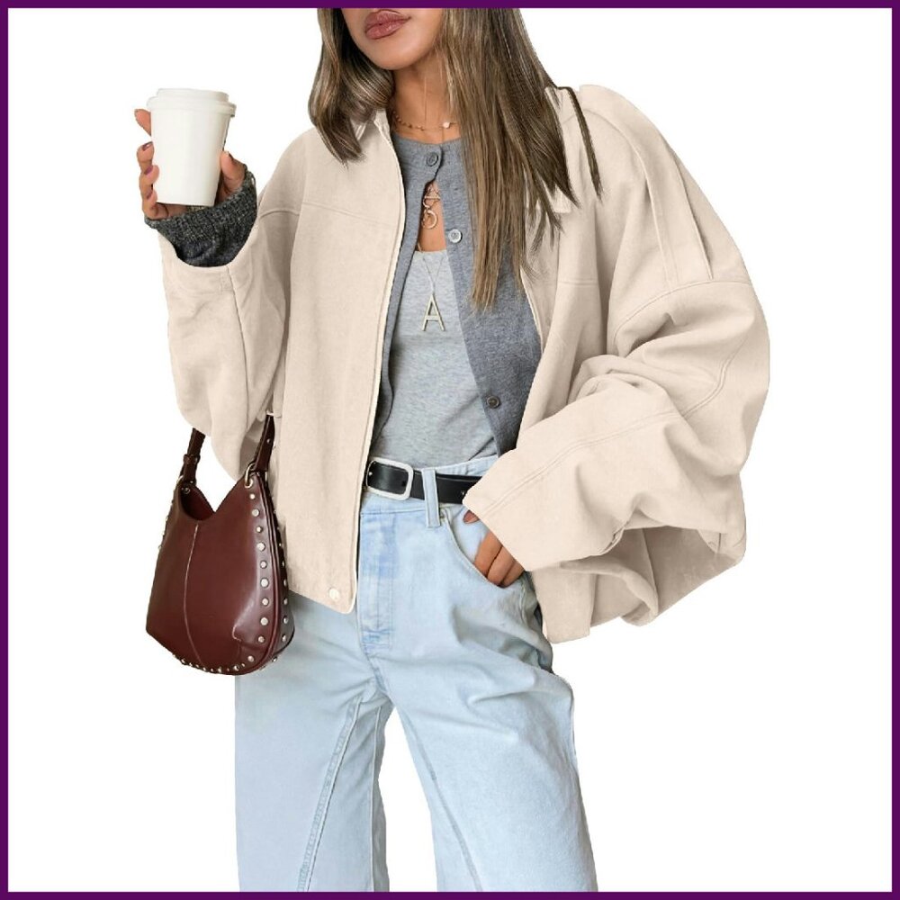 Faux Suede Bomber Jacket Oversized Zip Up Cropped Motorcycle Coat